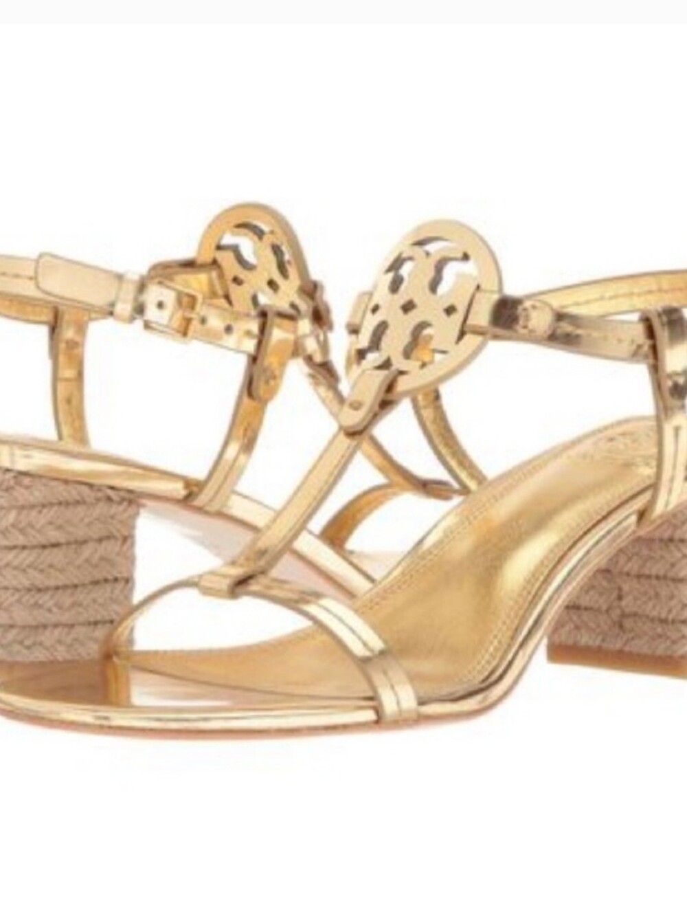 Tory Burch Miller Logo Espadrille Block Heels Metallic Mirror Gold Size 8.5